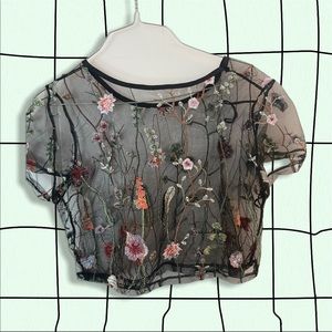 black mesh and embroidered floral detail crop top